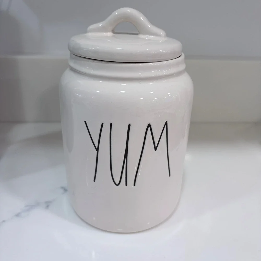 Rae‎ Dunn YUM Ceramic Canister with Lid White Farmhouse Kitchen Jar Magenta 6in